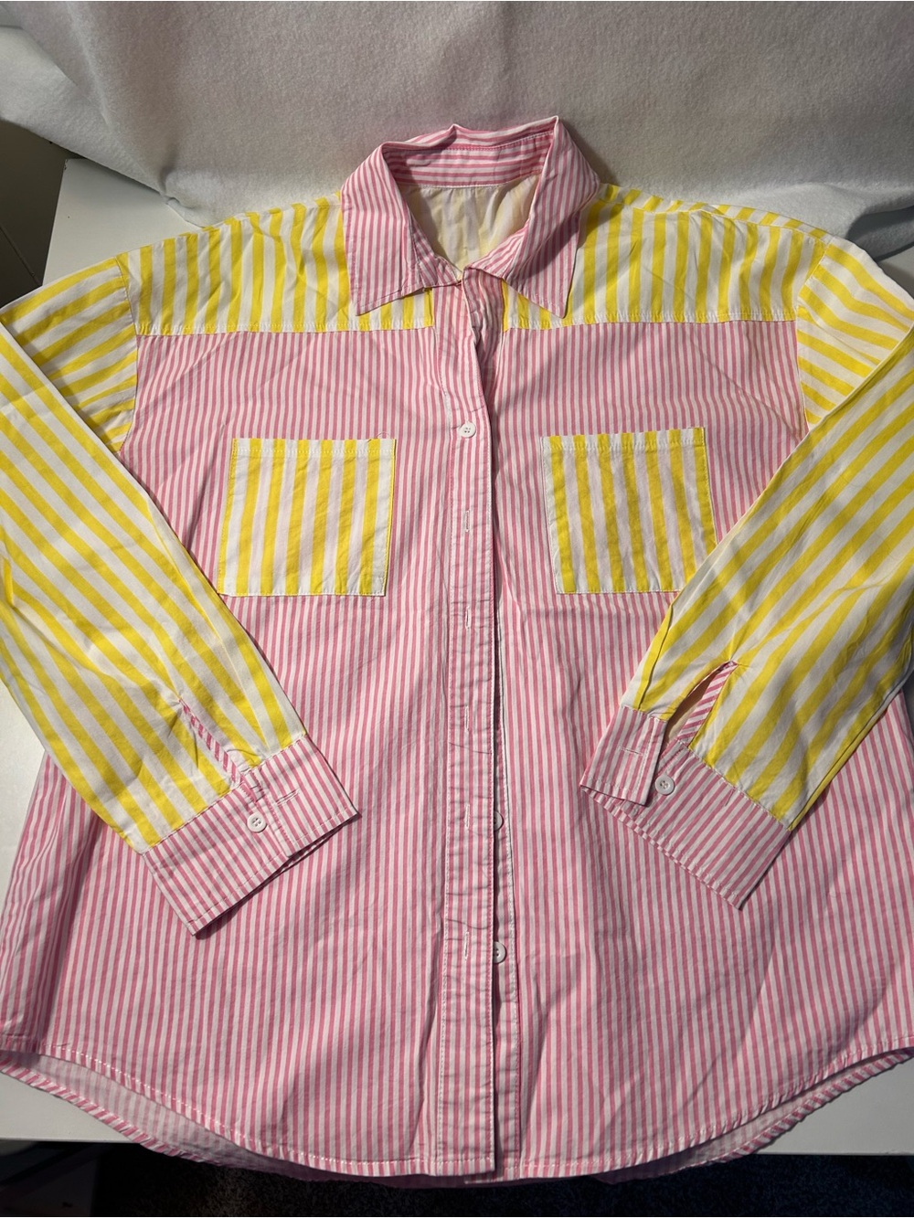 Boutique Women’s Pink & Yellow Striped Button-Down Short Set - Picture 1 of 8